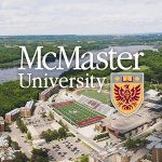 McMaster University emblem with campus in background